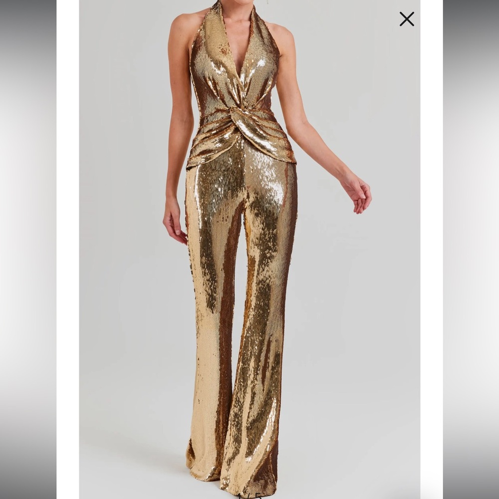 NEW NADINE MERABI Tianna Sequin Halter Flare Gold Jumpsuit sz 4 - Picture 3 of 8